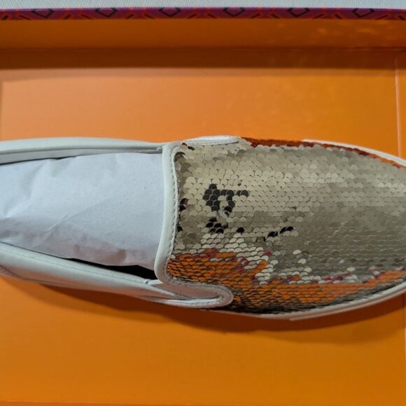 Brand New Tory Burch sz 9 Carter Leather Slip-On Sneaker Sparkle Gold/Snow White - Picture 3 of 7